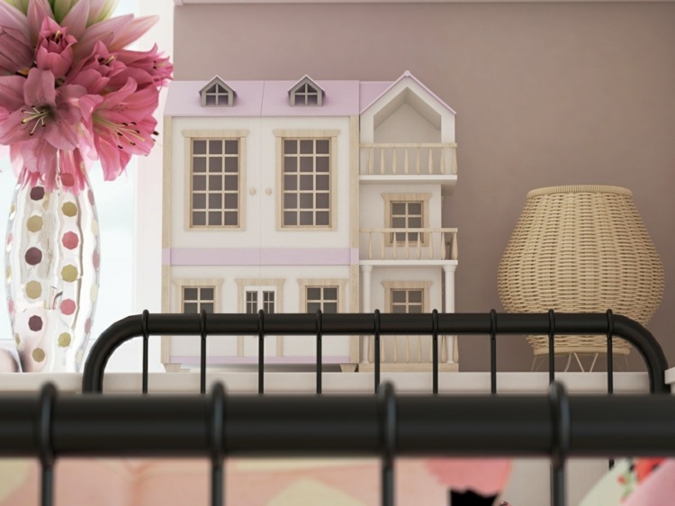 barnkammare lekfull design dockhus vintage stil vas blommor säng svart