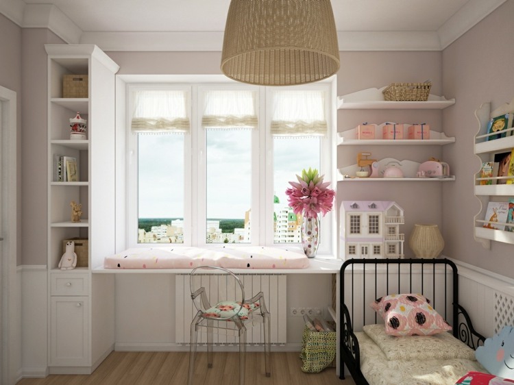 Barnrum lekfull design skrivbord stol fönster sittgrupp hylla