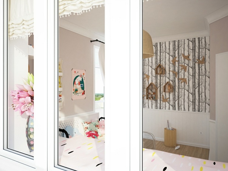 barnrum lekfull design feminin pastellfärg tapet fönster vit