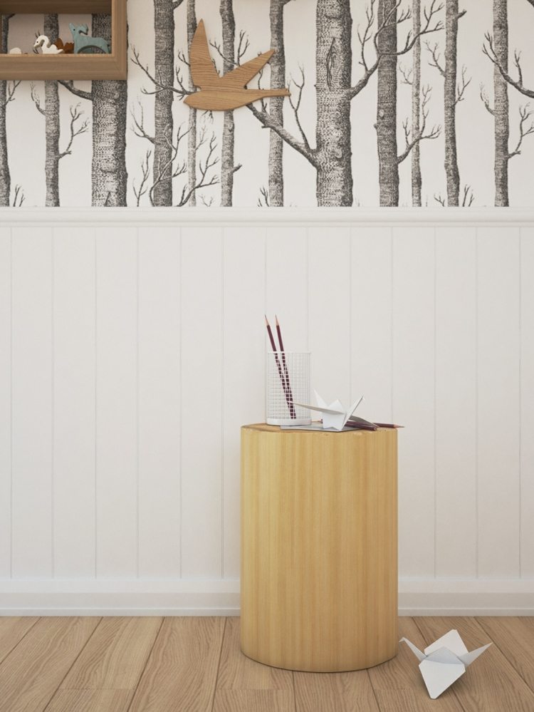 barnrum lekfull design sidobord trä ljus tapet träd parkett