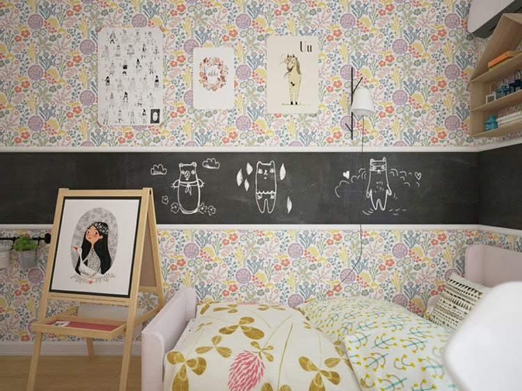 barnrum med lekfull design tapet pastellfärger blommotiv säng blackboard färg