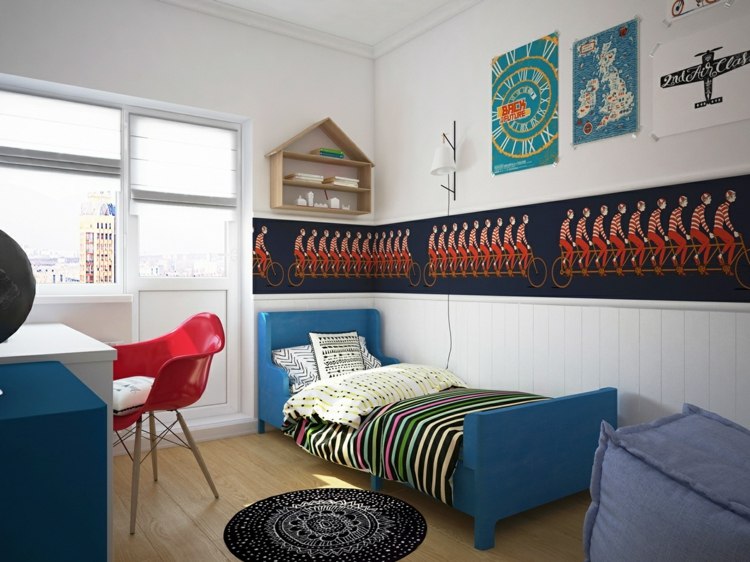 barnrum lekfull design pojkar blå säng stol röd hylla hus