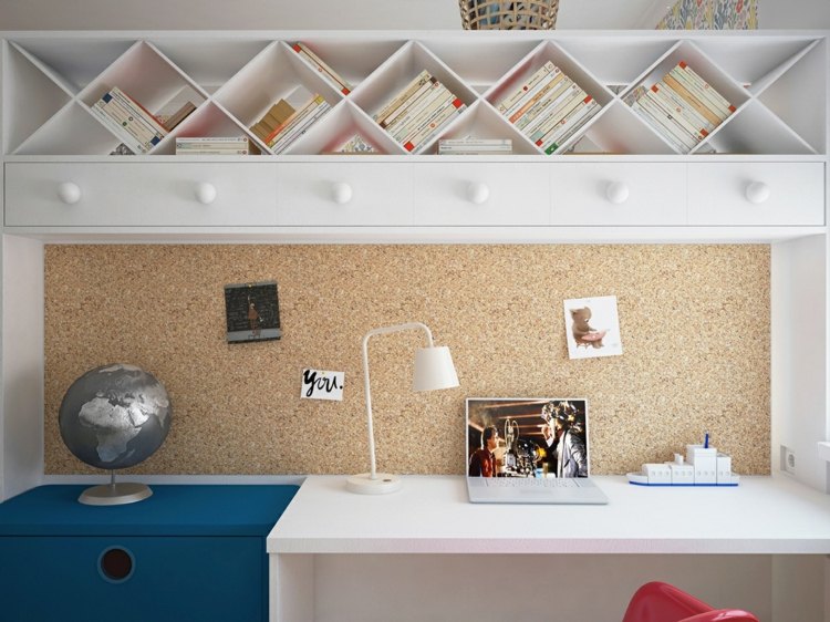 barnrum med en lekfull design idé hylla kork vägg skrivbordslampa bärbar dator