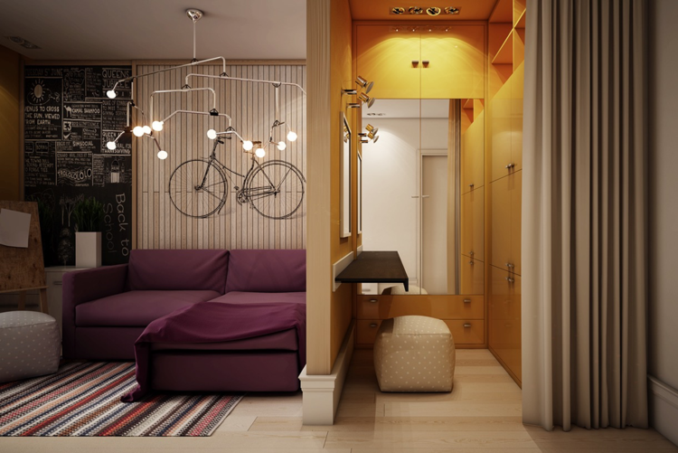 barnkammare lekfull design lila soffa rand walk-in closet