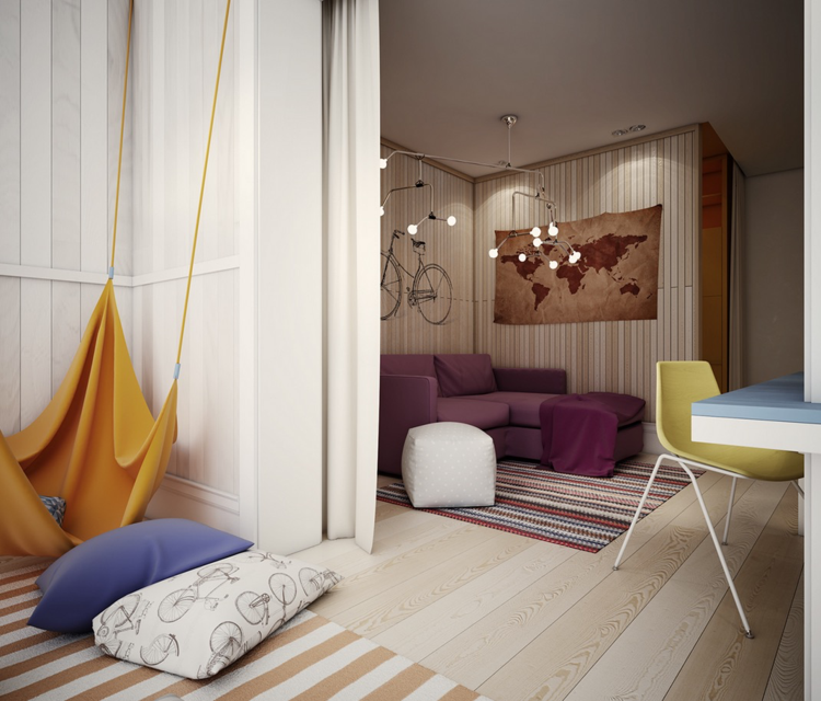 barnrum lekfull design hängmatta matta ränder sittgrupp lila soffa