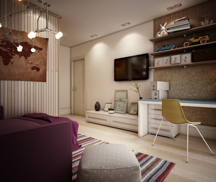 barnrum lekfull design ljus parkett skrivbord lowboard vit tv
