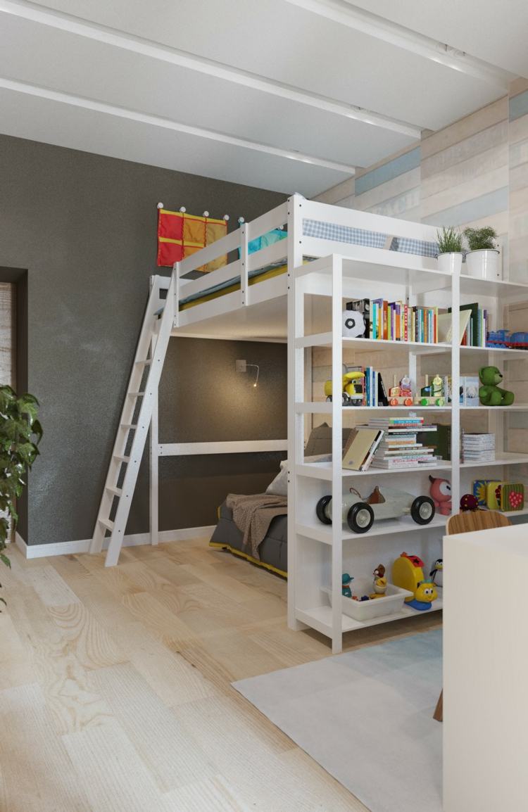 barnrum med lekfull design loft säng vit trä hylla leksak