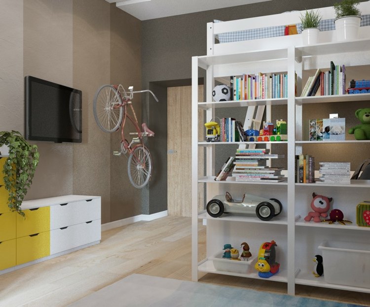 barnrum med en lekfull design cykelställning hylla loft säng skänk