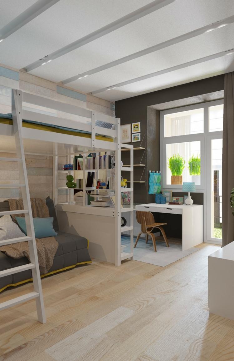 barnrum lekfull design loft säng ljus trägolv skrivbord idé