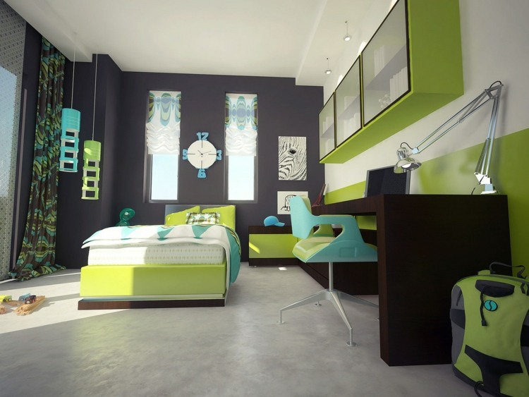 Optimalt inredda barnrum modernt-grönt-blått-skrivbord-garderob-böcker-säng-bänk-hängande lampor
