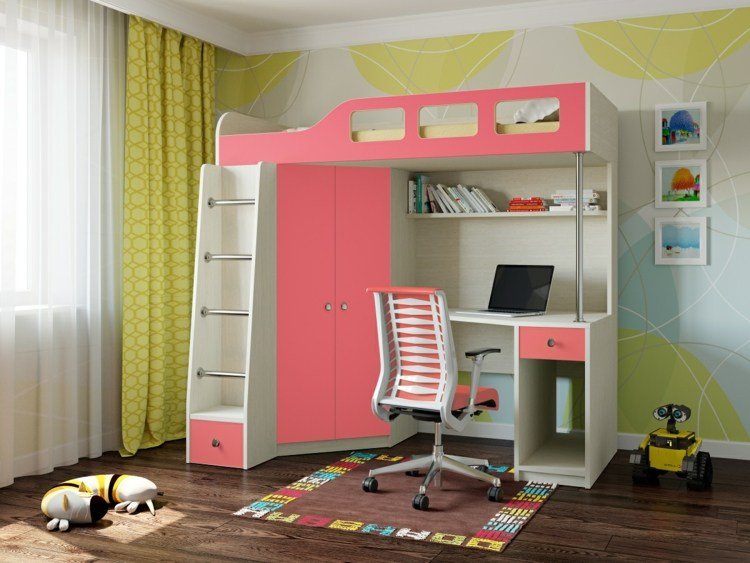 barnrum-optimalt-möblera-loft-säng-tjejer-rum-rosa-stol-garderob-skrivbord-platsbesparande-