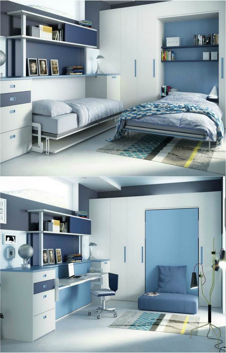 Barnrum och ungdomsrumsmöbler pojkfällbar säng-skrivbord-soffa-vit-blå-958