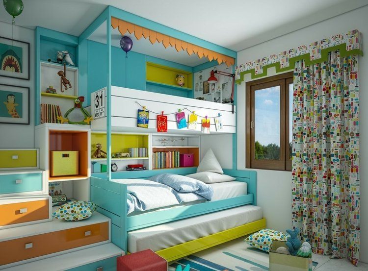 gardin-design-barnrum-färgglada-loft-säng-moderna-ljusblå-lådor-trappor