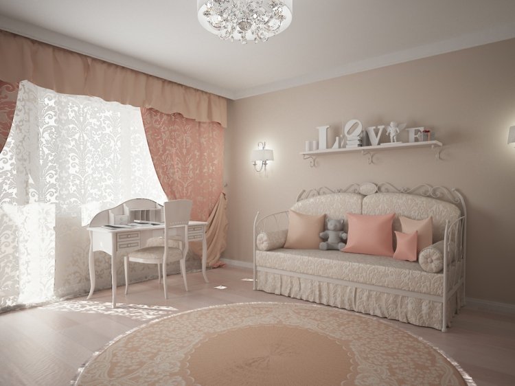 barnrum-gardin-design-tjej-dag-säng-ros-färg-vit