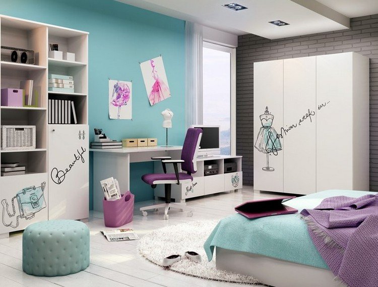 Barnrums väggdesign -iden-tjej-färg-turkos-vita-möbler-lila-akzenze