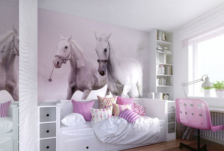 Barnrums väggdesign-idéer-fototapeter-vita-hästar-rosa-nyans-säng-förvaringsutrymme