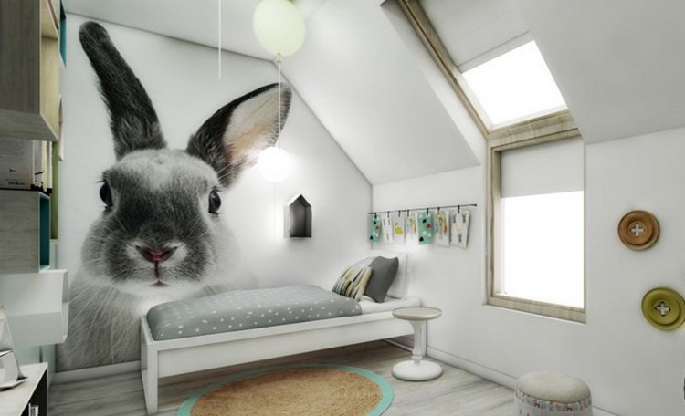 barnrum-vägg-design-idéer-fototapet-kanin-vind-mint-gröna-accenter