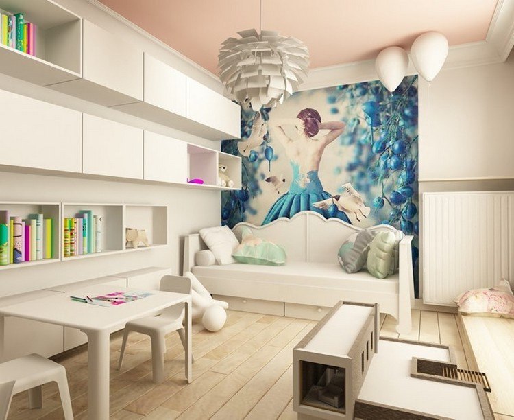 barnrum-vägg-design-idéer-fototapet-tjej-prinsessa-blå-klänning-vita-möbler