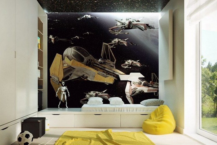 barnrum-vägg-design-idéer-fototapeter-rymdskepp-svart-bakgrund-vit-möbler