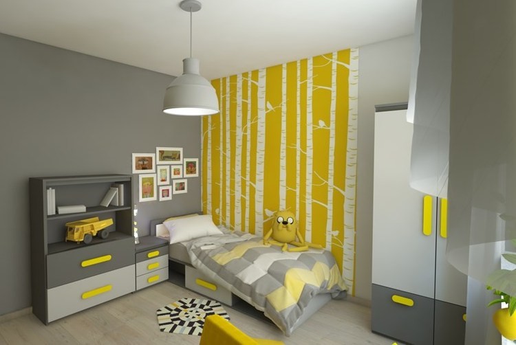 barnrum-vägg-design-pojke-grå-gul-tapet-stencil-björkmotiv