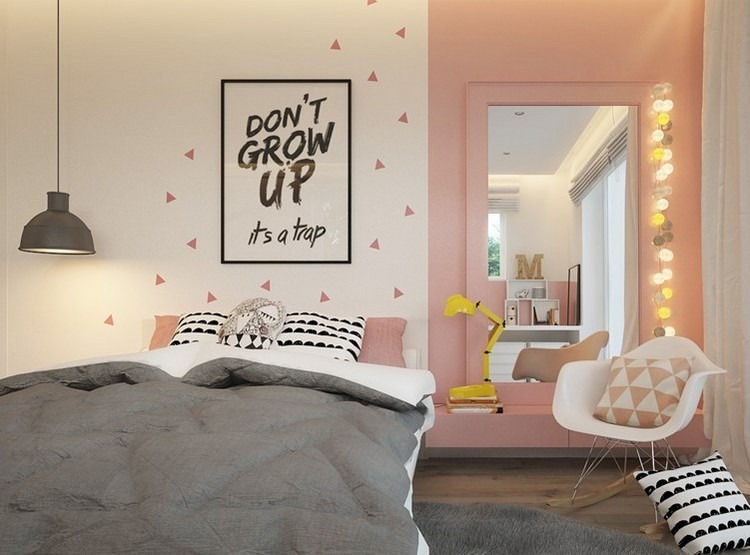 barnrum-vägg-design-tjej-rosa-accent vägg-trianglar-väggmålning-säger