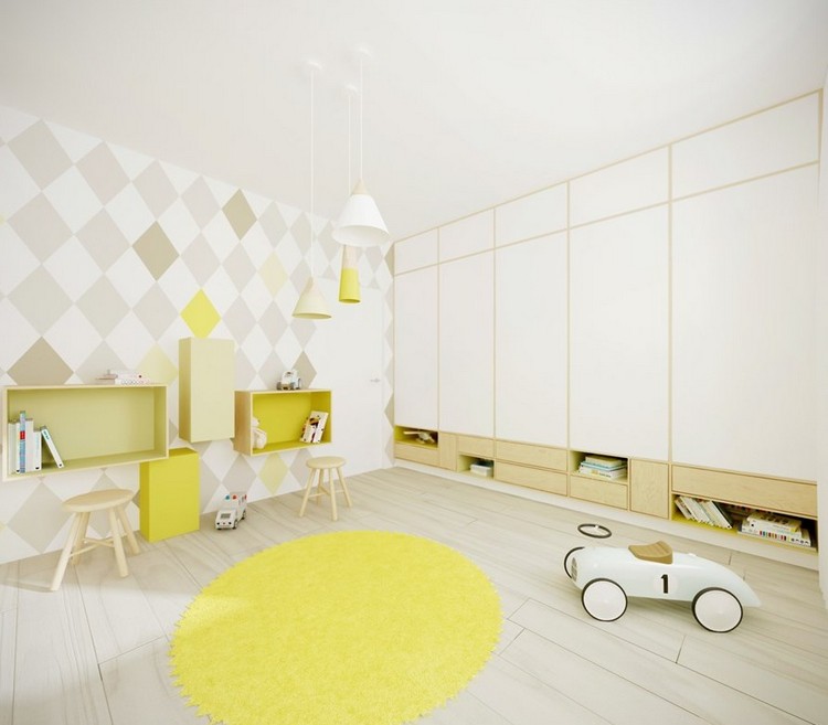 Barnrum-vägg-design-idéer-stencil-tapeter-diamantmönster-grädde-gul