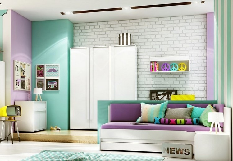 barnrum-vägg-design-idéer-tapeter-tegel-vägg-vit-vägg-färg-mintgrön-lila