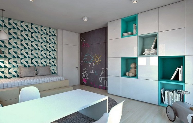 barnrum-vägg-design-idéer-tapeter-geometrisk-grön-vit