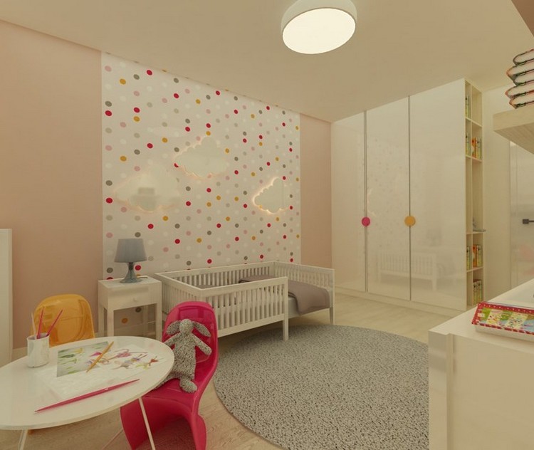 barnrum-vägg-design-idéer-tapeter-rosa-färg-prickar-mönster-moln-dekorationer-bakgrundsbelyst