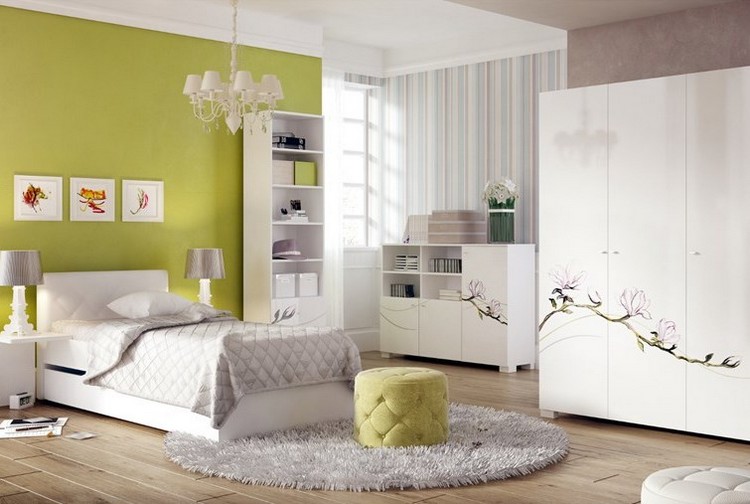 barnrum-vägg-design-idéer-tjej-olivgrön-vägg-färg-vita-möbler