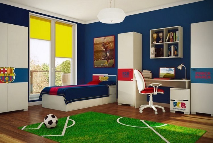barnrum-vägg-design-idéer-pojke-fotboll-motto-kobolt-blå-väggfärg
