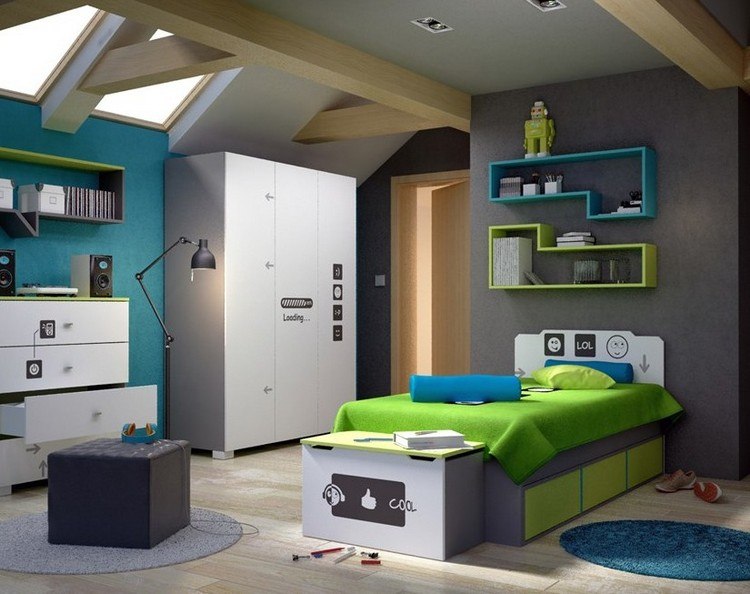 barnrum-vägg-design-idéer-pojke-blå-grå-grön-kombination