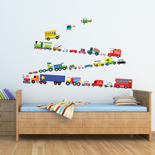 färgglada barnrum design väggar klistermärken lastbilar bilar pojke