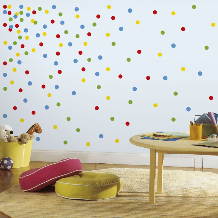 Barnrumsmöbler och dekoration -vägg-prickar-klistermärken-golvkuddar-barnbord