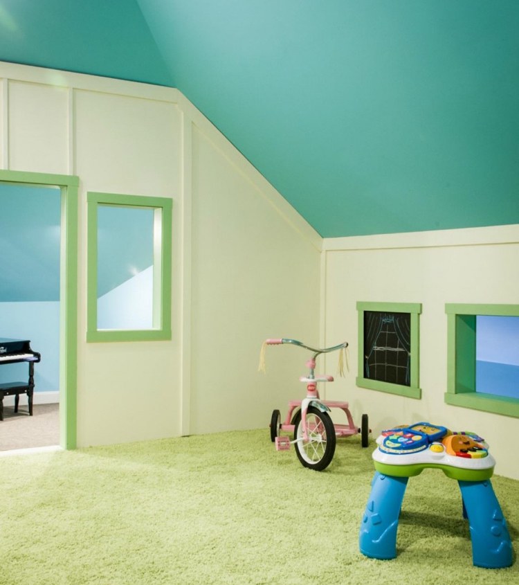 Barnrumsmöbler-dekoration-lutande tak-mattor-gröna-cykelfönster