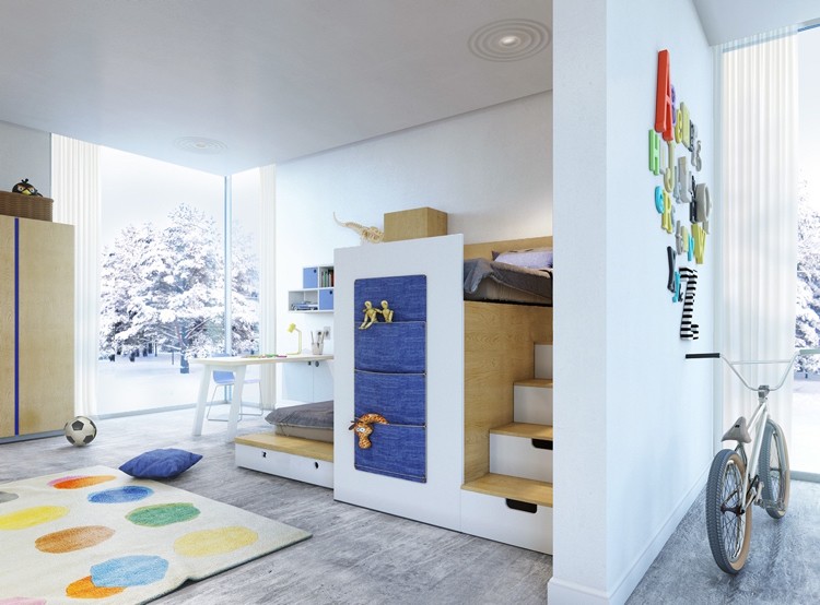 Barnrumsmöbler-dekoration-modern-loft-säng-trappor-förvaringsutrymme