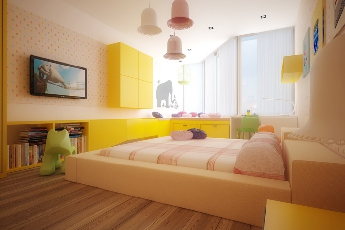 barnrum-design-idéer-stoppad-säng-gul-tapet-mönster