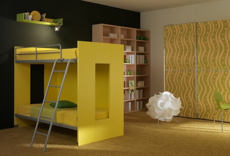 barnrumsmöbler idéer gul loft säng metall accent hylla
