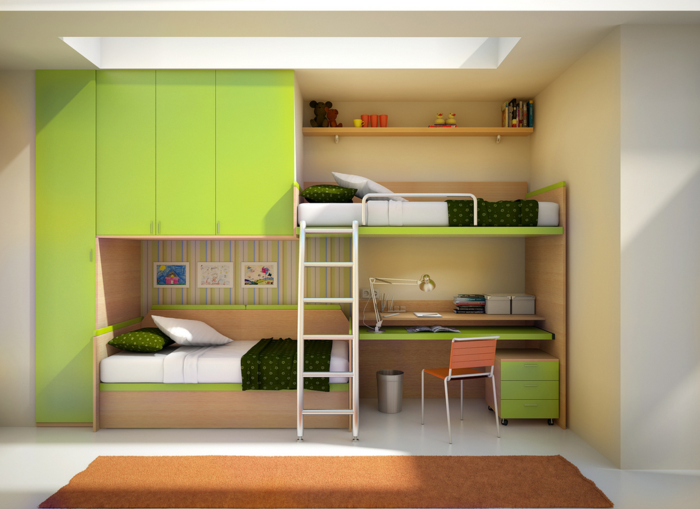 säng barn garderober skrivbord stege grön orange