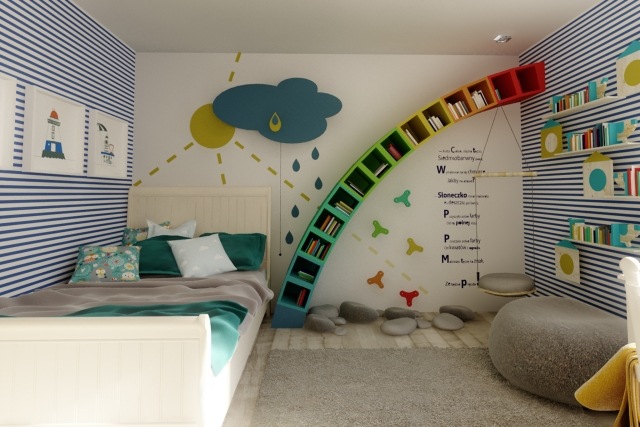 barnrum-väggar-design-idéer-pojkar-regnbåge-hyllor-ränder-sol-regn-moln