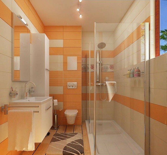 kakel orange badrum litet modernt glas dusch