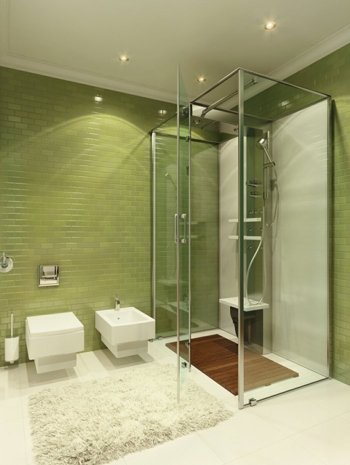 modernt badrum duschglas kakel grön matta
