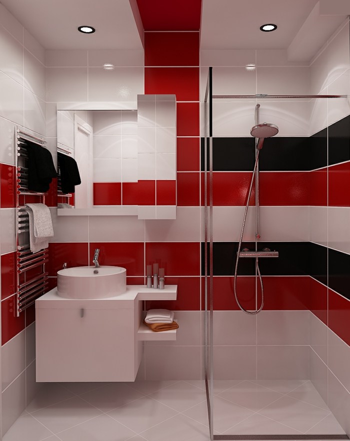 modernt badrum glas dusch kakel rött svart handfat