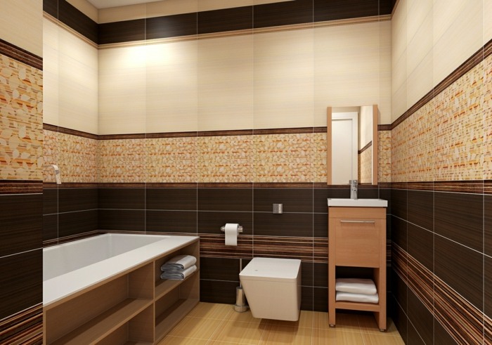 modern design badrum brun kakel beige badkar hylla spegel skåp