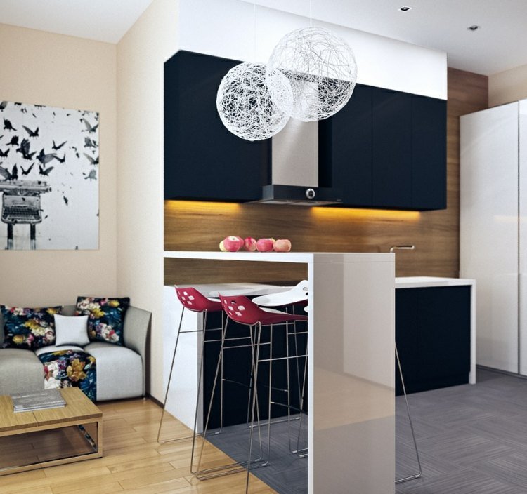 bak-vägg i litet kök-frukost-disk-högglans-vitt-svart-trä-kök