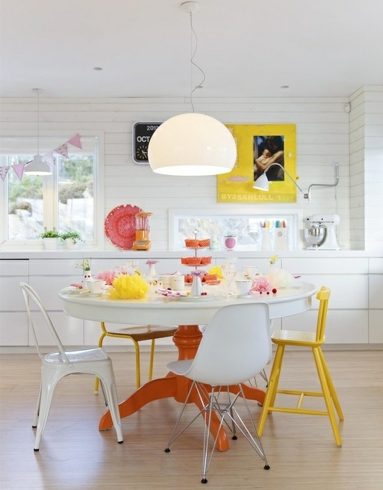 Kök Skandinavisk stil färgglada möbler - orange, gul, bilder vägg