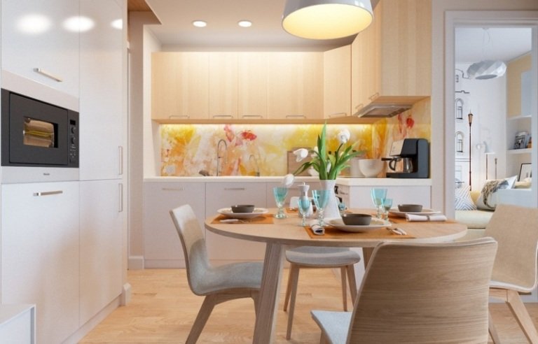Ställ in små kök -l-form-matt-vit-trä-fronter-stänkskydd-fotomotiv-gul-orange