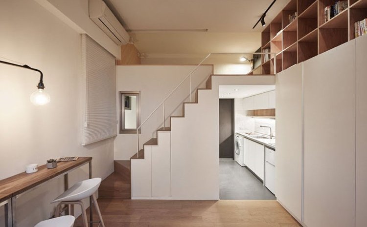 Ställ in små rum-enrumslägenhet-golv till tak-trappor-konstruktion