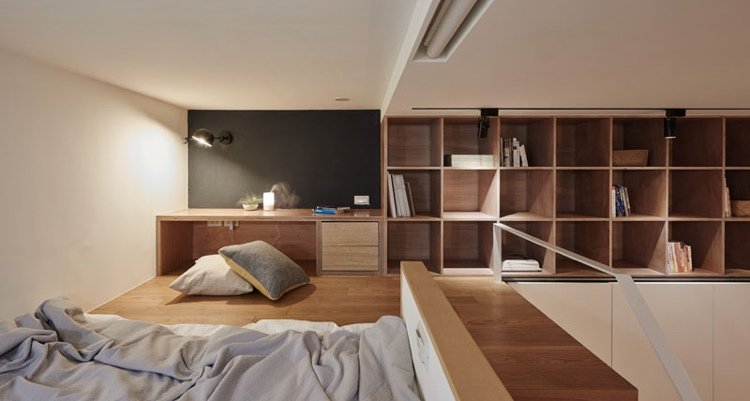 Inred små rum-en-rums-lägenhet-säng-sängbord-trä lampa
