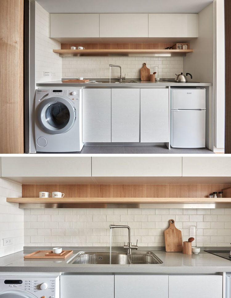 Små rum-möblera-ett-rum-lägenhet-kök-köksskåp-handtagslöst-vitt